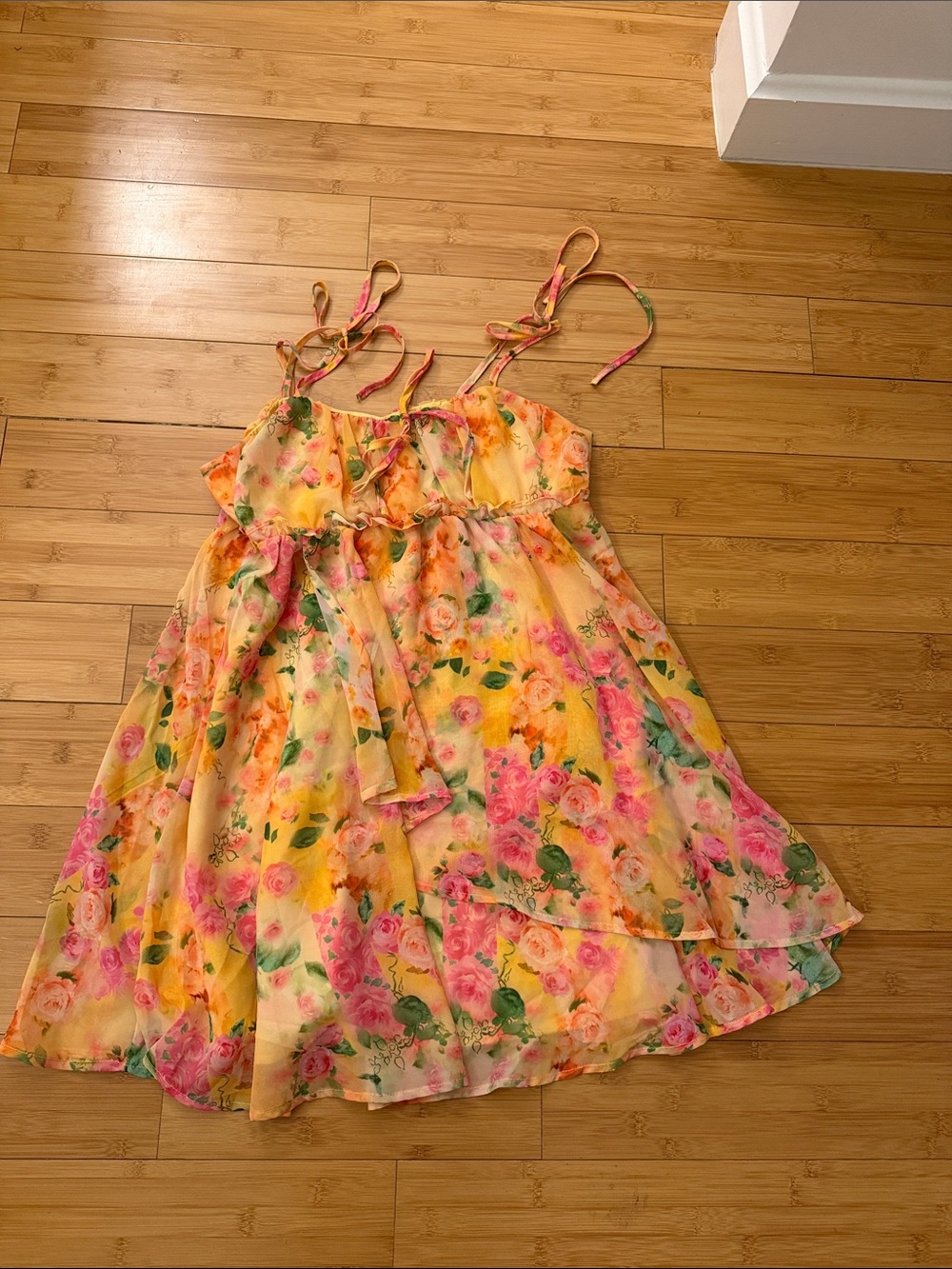 Yellow Floral Tie-Strap Mini Dress